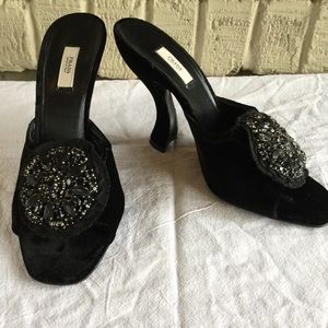 Prada Black Velvet Jeweled Mules Sz 37.5